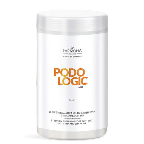 Farmona Professional Podologic Acid Strongly Softening Foot Bath Salt with AHA & BHA Acids - arranged with the included components on a white background