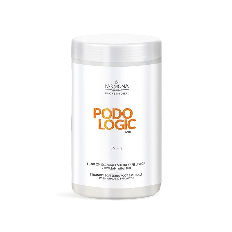 Farmona Professional Podologic Acid Strongly Softening Foot Bath Salt with AHA & BHA Acids - arranged with the included components on a white background