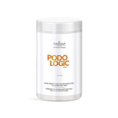 Farmona Professional Podologic Acid Strongly Softening Foot Bath Salt with AHA & BHA Acids - arranged with the included components on a white background