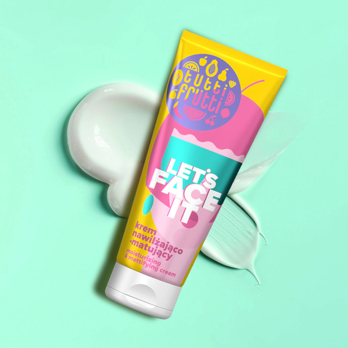 Farmona Tutti Frutti Let's Face It Moisturising & Mattifying Cream - product presentation on a dark background