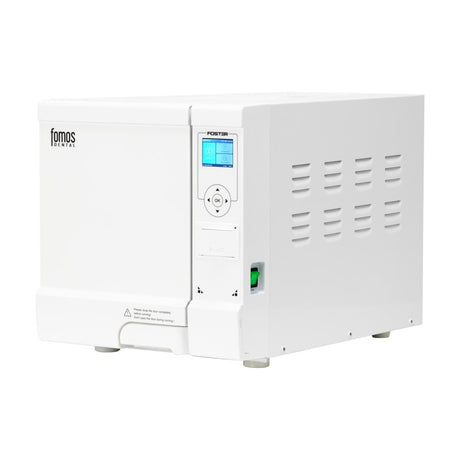 Fomos Foster 8L autoclave: front three-quarter view of the white casing
