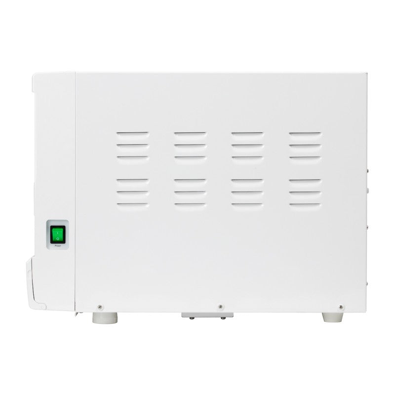 Fomos Foster 8L autoclave: side view with ventilation slots and green power switch