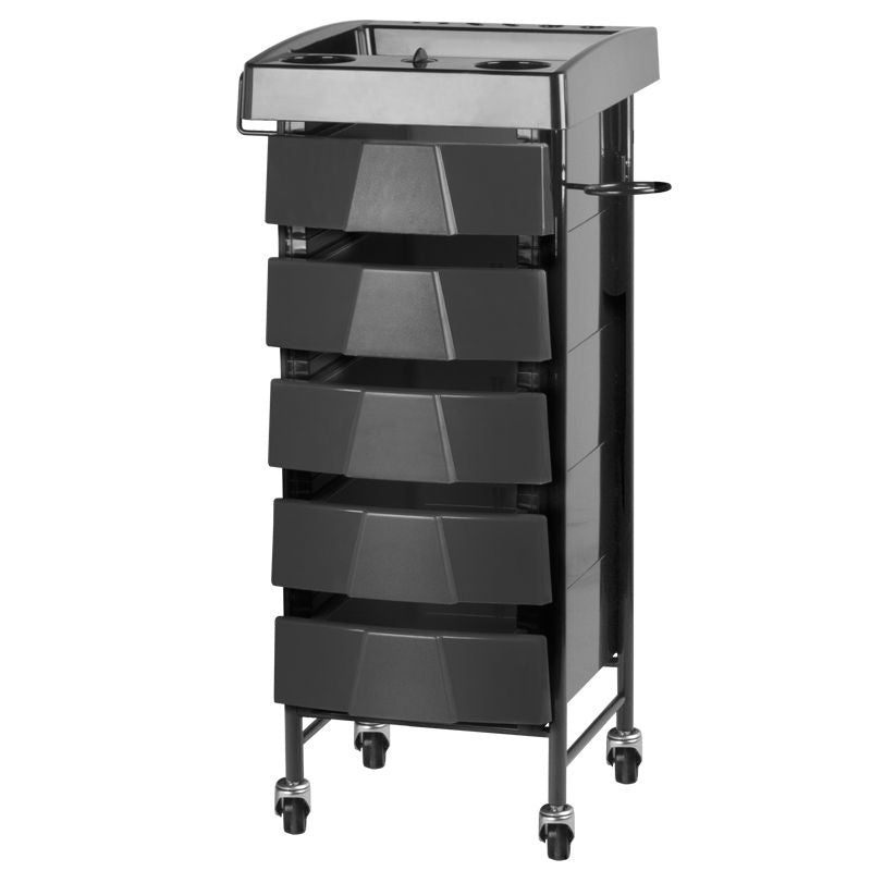 Gabbiano 008 Hairdressing Trolley Black - front view showing the storage and construction details