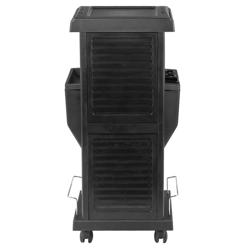 Gabbiano 100C Hairdressing Trolley Black - front view showing the storage and construction details