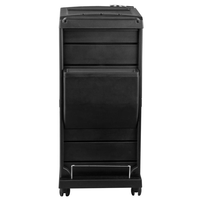 Gabbiano 100C Hairdressing Trolley Black - front view showing the storage and construction details