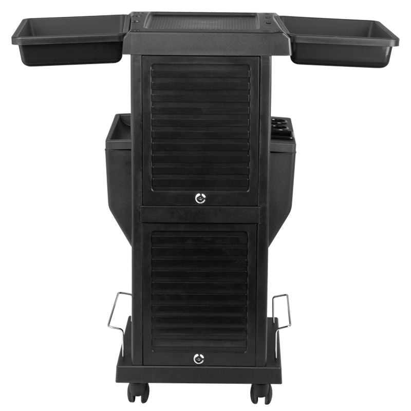 Gabbiano 100C Hairdressing Trolley Black - front view showing the storage and construction details