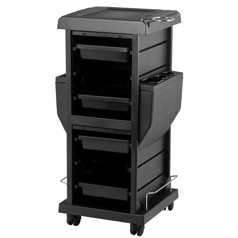 Gabbiano 100C Hairdressing Trolley Black - front view showing the storage and construction details