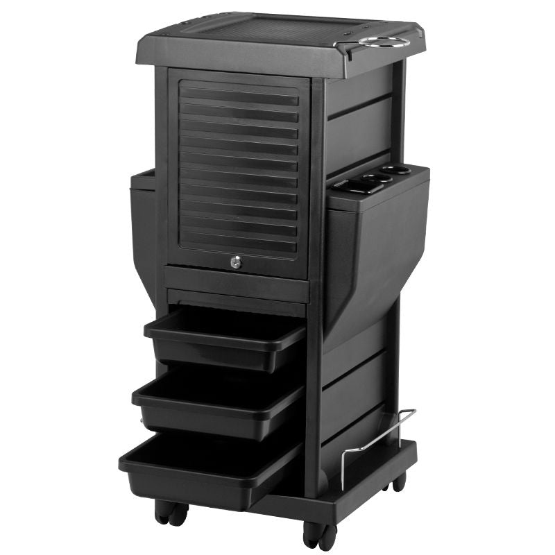 Gabbiano 100C Hairdressing Trolley Black - front view showing the storage and construction details