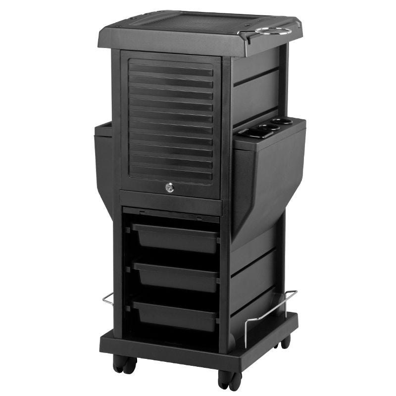 Gabbiano 100C Hairdressing Trolley Black - front view showing the storage and construction details