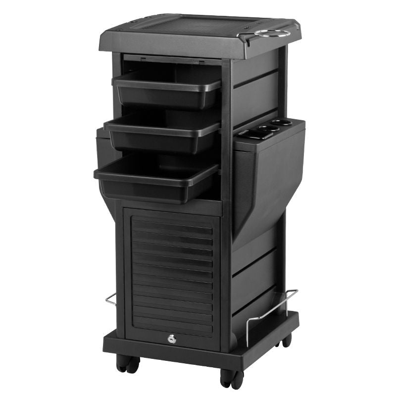 Gabbiano 100C Hairdressing Trolley Black - front view showing the storage and construction details