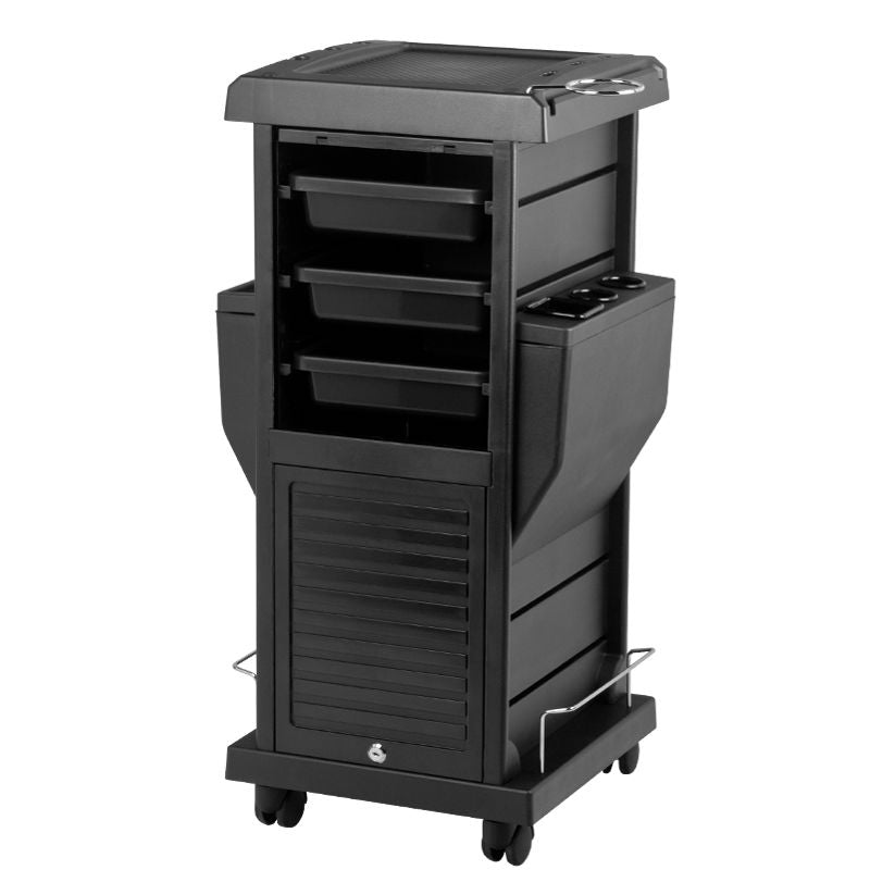 Gabbiano 100C Hairdressing Trolley Black - front view showing the storage and construction details
