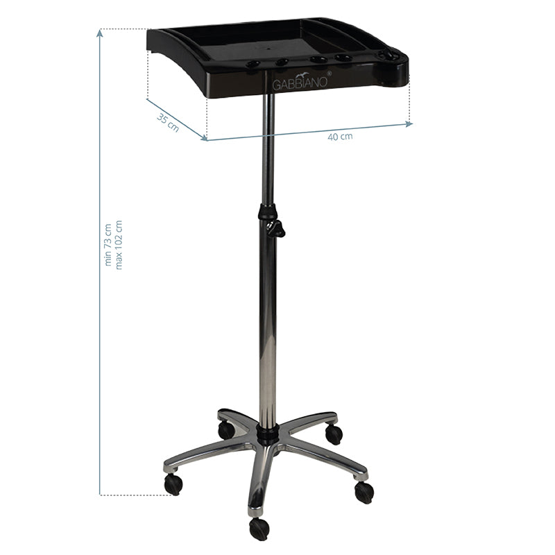 Gabbiano 265 Hairdressing Trolley Black - front view showing the storage and construction details