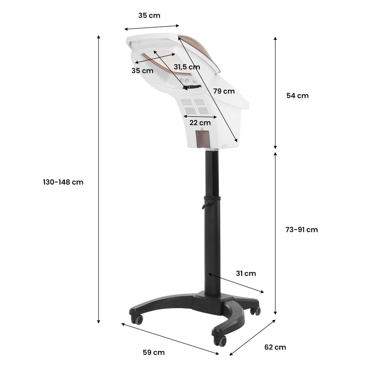 Gabbiano 408D Standing Hair Steamer With Active Ozone White 700W - dimensions and measurements shown
