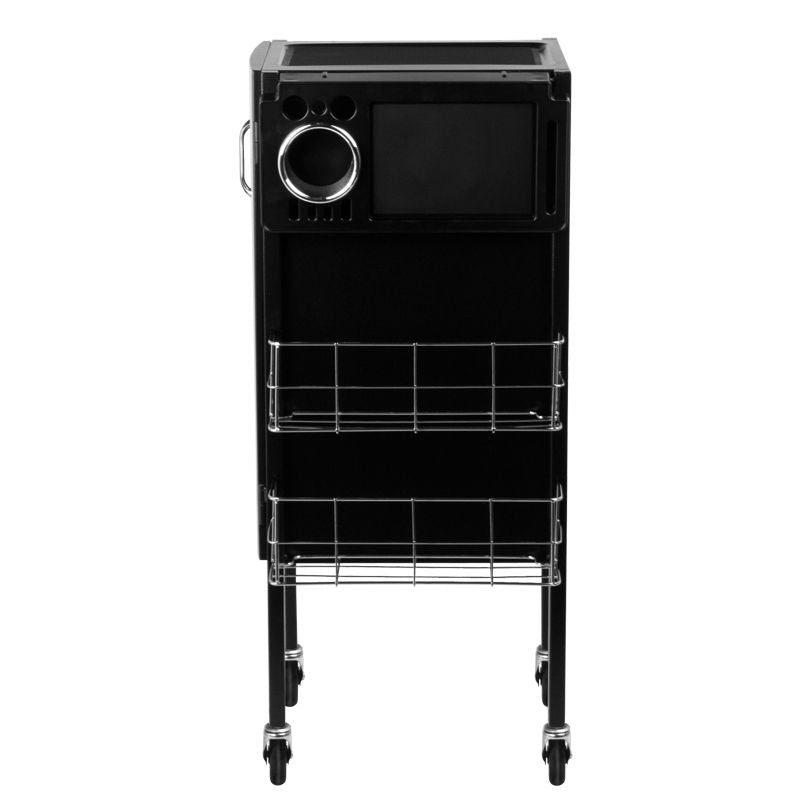 Gabbiano 500 Deluxe Hairdressing Trolley Black - front view showing the storage and construction details