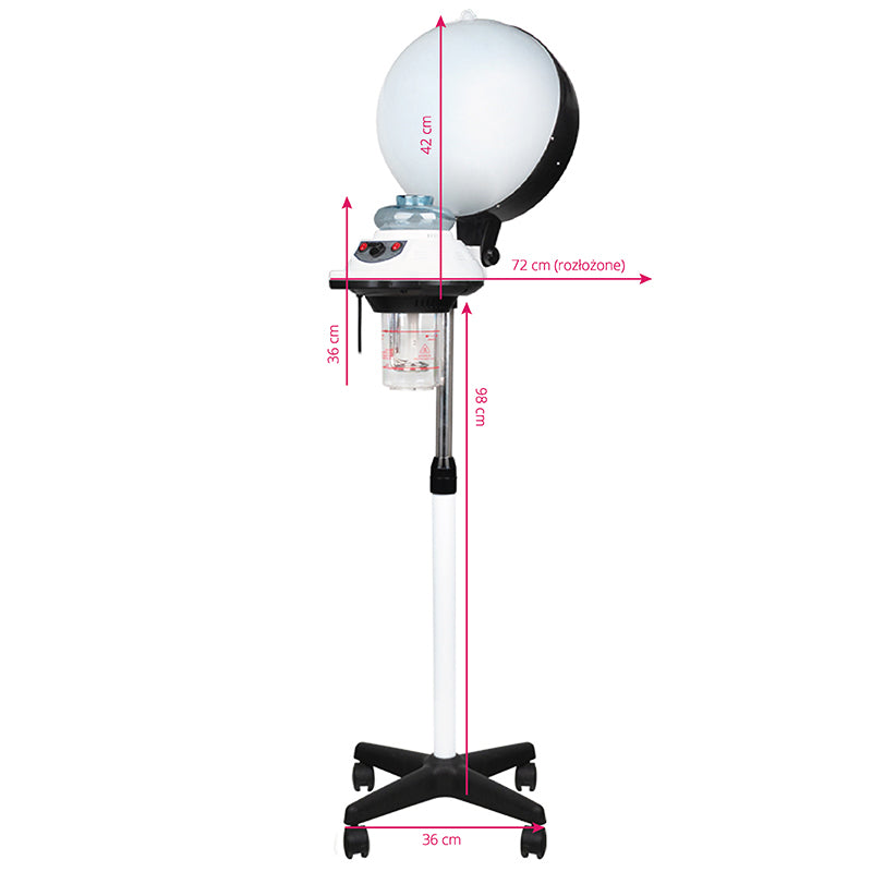 Gabbiano 658 Standing Hair Steamer - standing hair steamer with height and width measurements shown