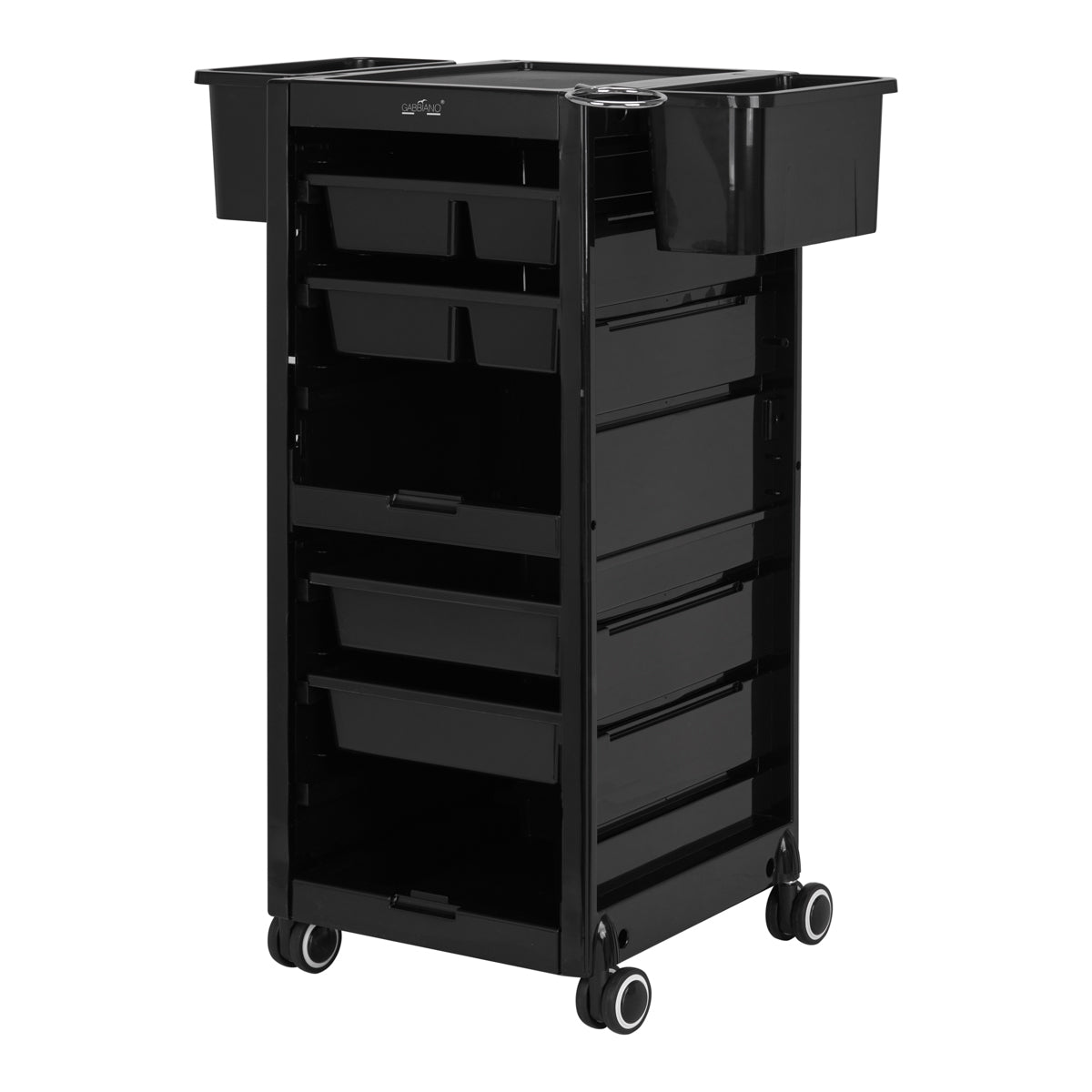 Gabbiano 68B Hairdressing Trolley Black - front view showing the storage and construction details