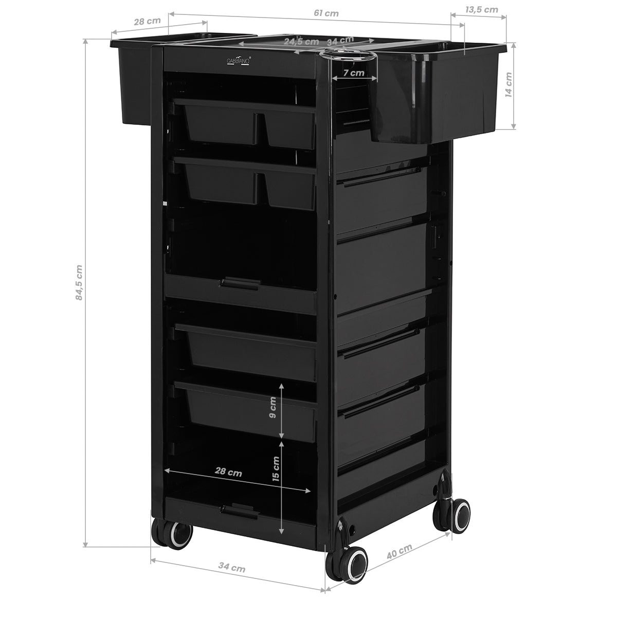 Gabbiano 68B Hairdressing Trolley Black - front view showing the storage and construction details