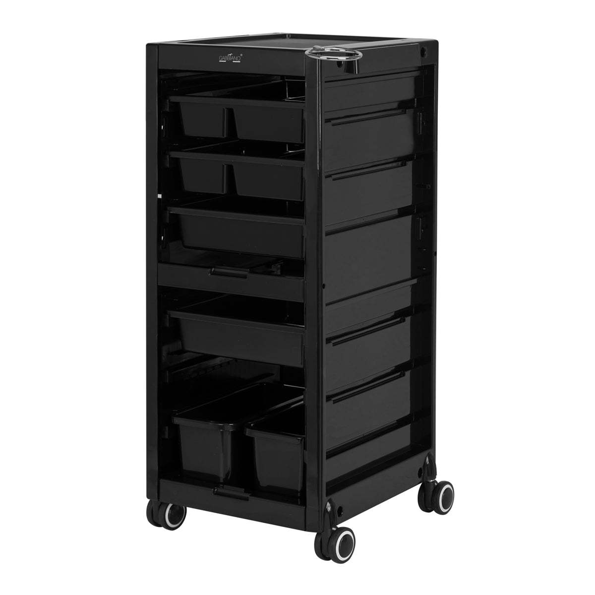 Gabbiano 68B Hairdressing Trolley Black - front view showing the storage and construction details