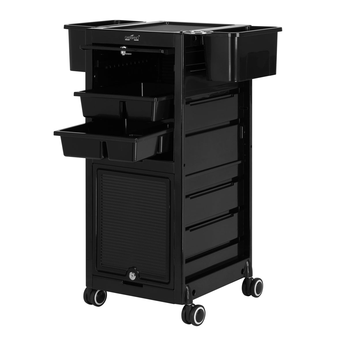 Gabbiano 68C Hairdressing Trolley Black - front view showing the storage and construction details