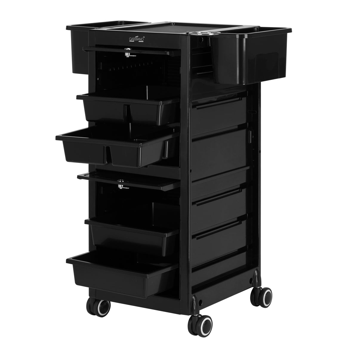 Gabbiano 68C Hairdressing Trolley Black - front view showing the storage and construction details