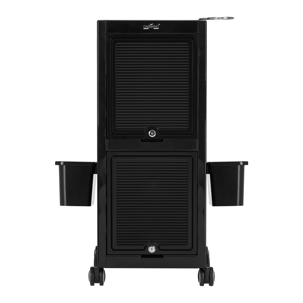 Gabbiano 68C Hairdressing Trolley Black - front view showing the storage and construction details