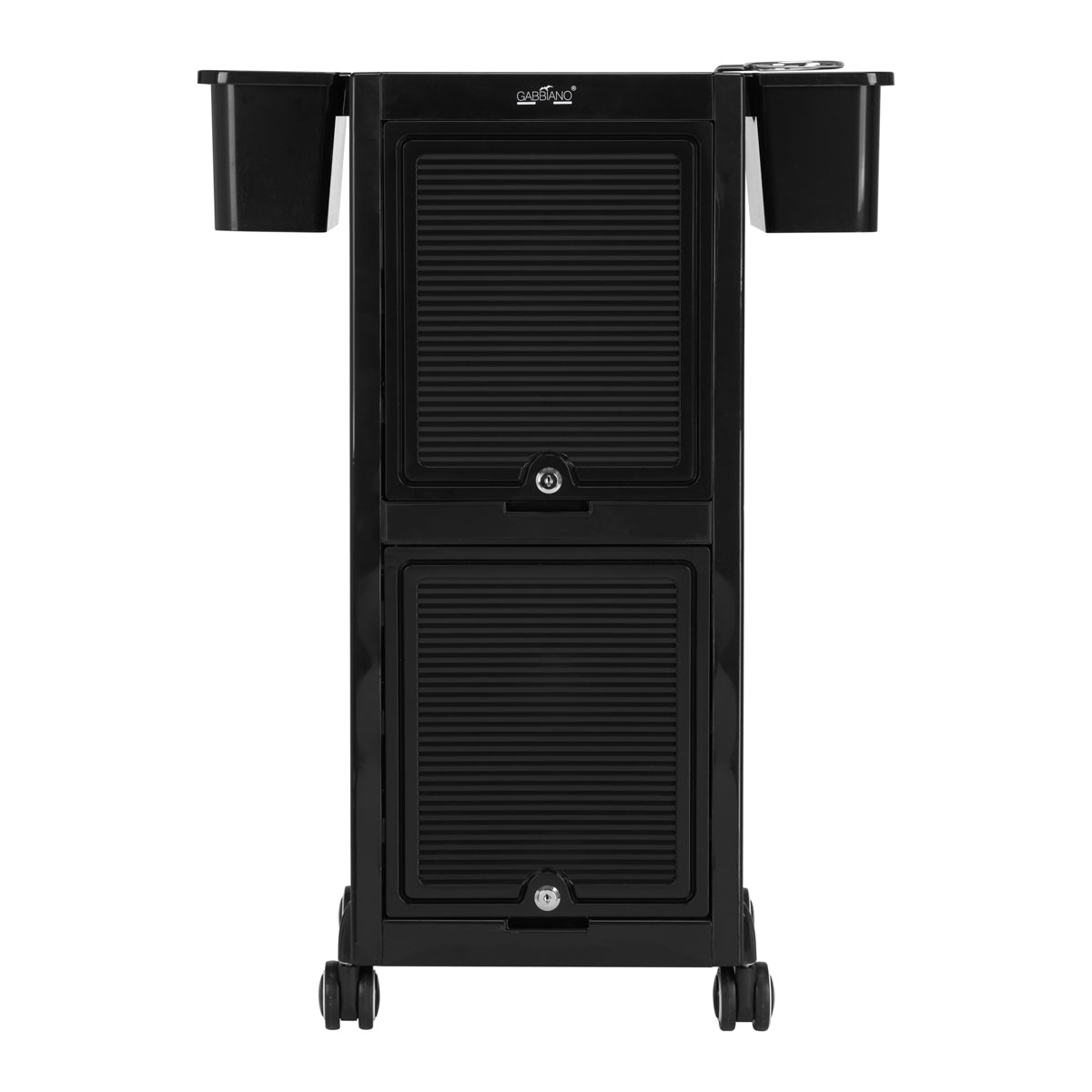 Gabbiano 68C Hairdressing Trolley Black - front view showing the storage and construction details