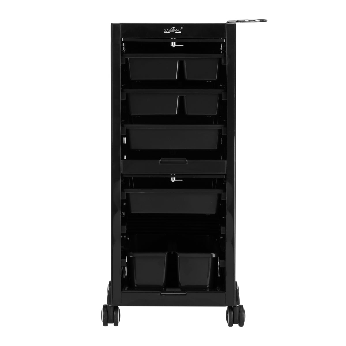 Gabbiano 68C Hairdressing Trolley Black - front view showing the storage and construction details