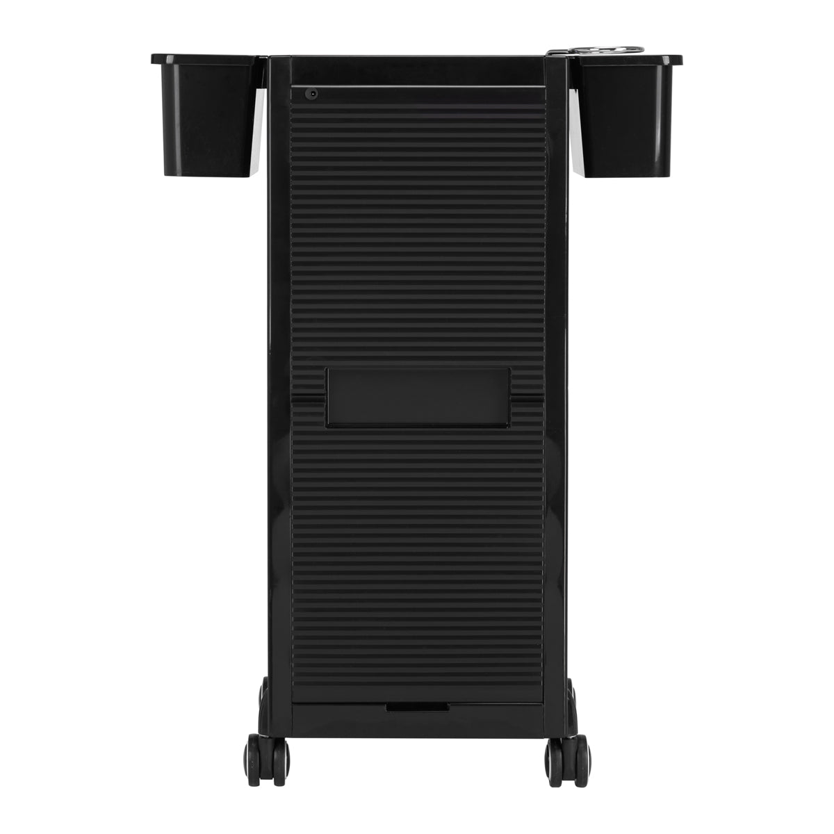 Gabbiano 68C Hairdressing Trolley Black - front view showing the storage and construction details