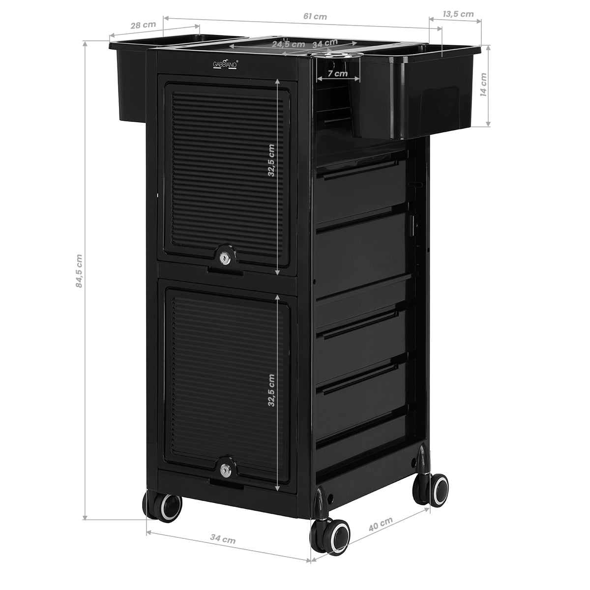 Gabbiano 68C Hairdressing Trolley Black - front view showing the storage and construction details