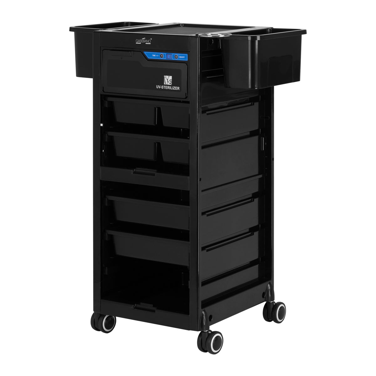 Gabbiano 68UV Hairdressing Trolley With UV Steriliser Black - front view showing the storage and construction details
