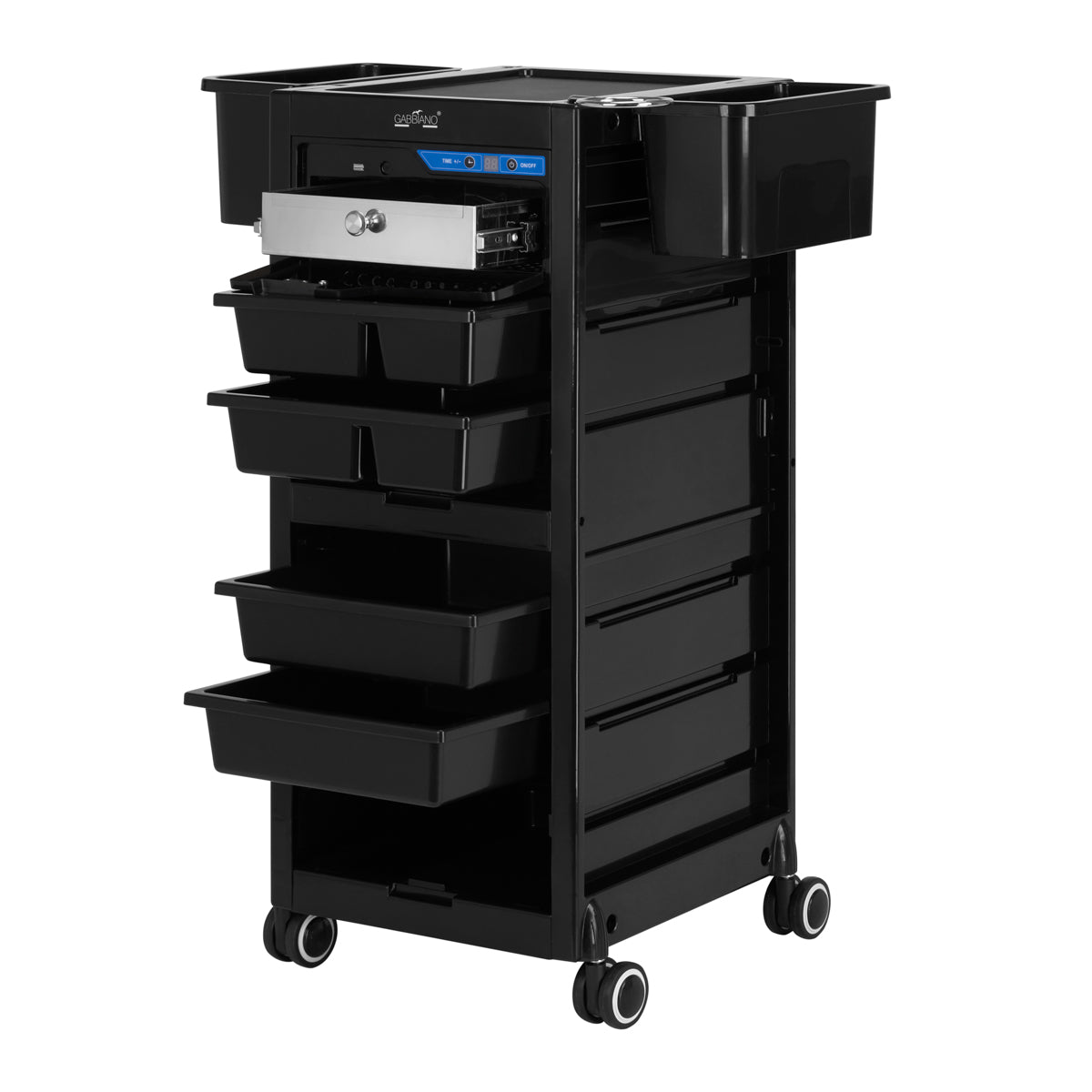 Gabbiano 68UV Hairdressing Trolley With UV Steriliser Black - front view showing the storage and construction details