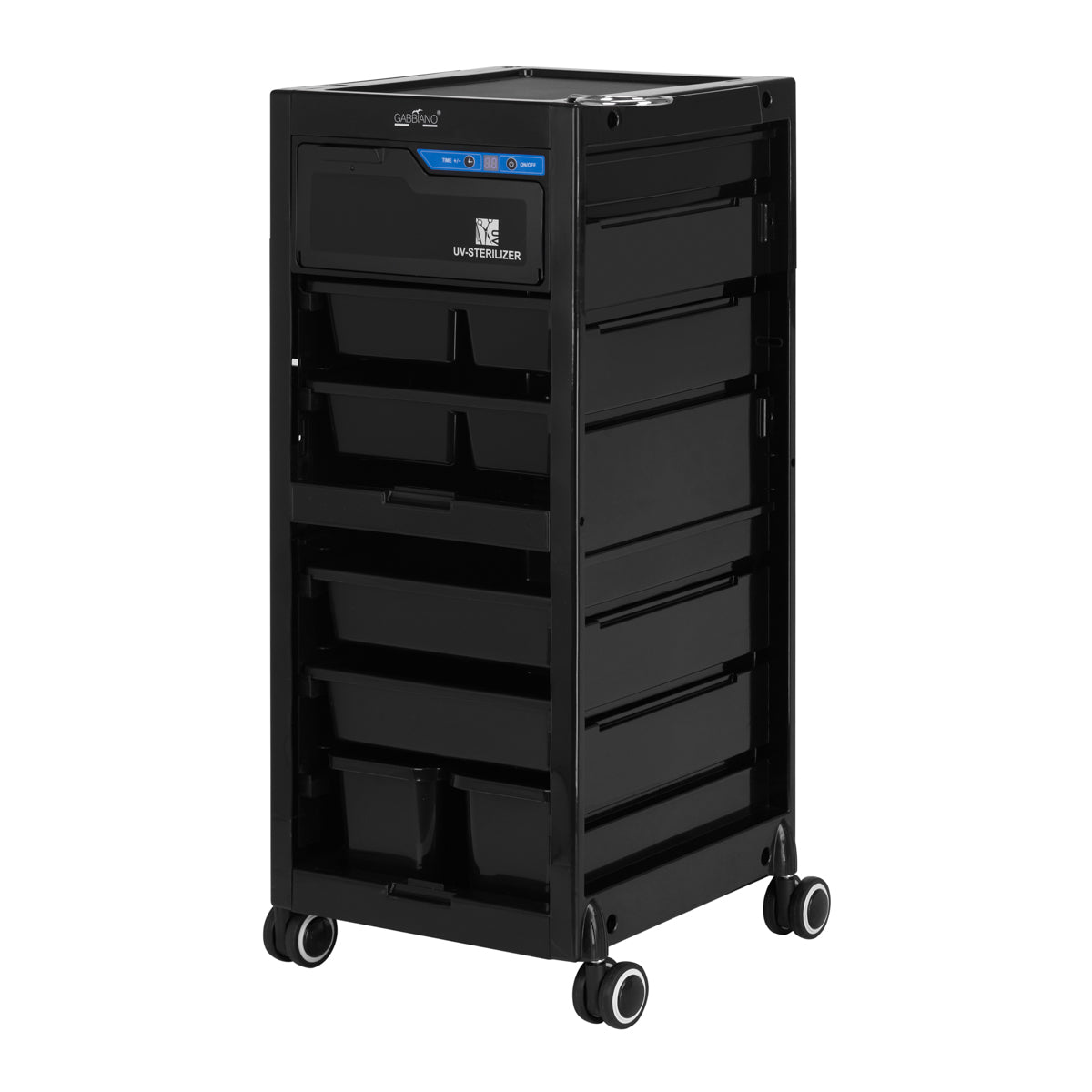 Gabbiano 68UV Hairdressing Trolley With UV Steriliser Black - front view showing the storage and construction details