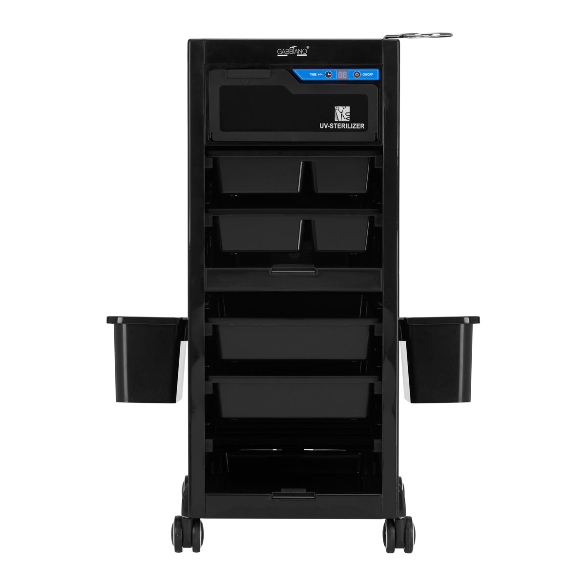 Gabbiano 68UV Hairdressing Trolley With UV Steriliser Black - front view showing the storage and construction details