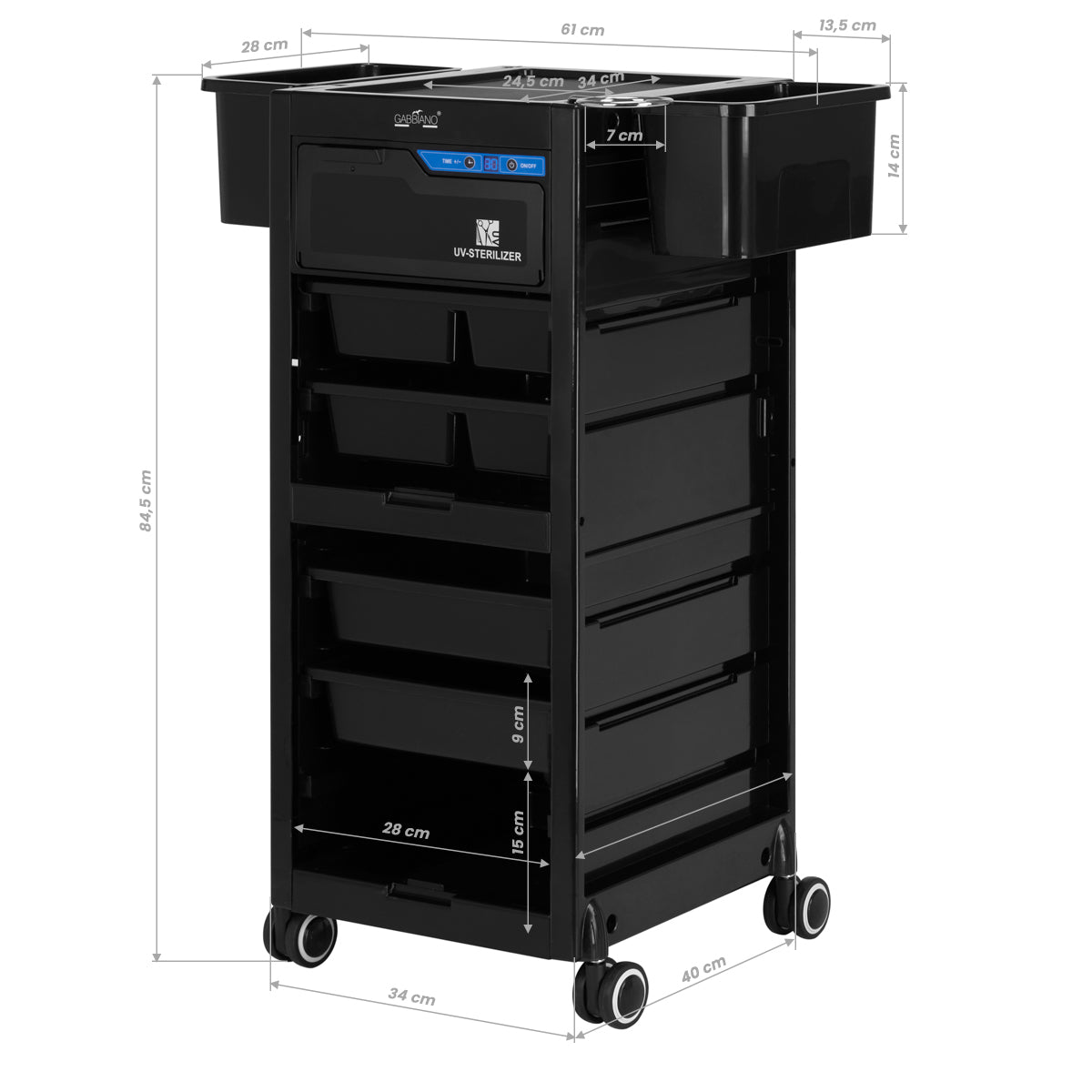 Gabbiano 68UV Hairdressing Trolley With UV Steriliser Black - front view showing the storage and construction details