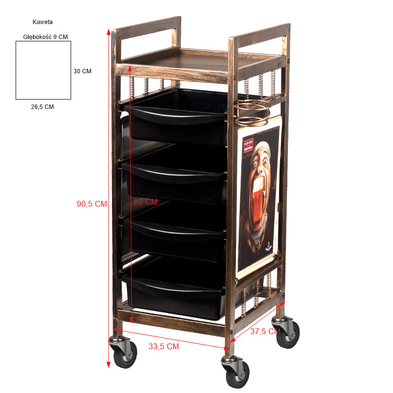 Gabbiano 8-139 Hairdressing Trolley - front view showing the storage and construction details
