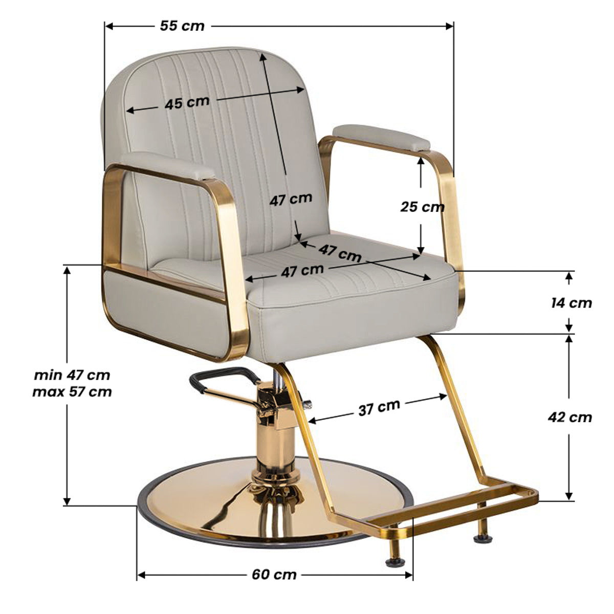 Gabbiano Acri Hair Salon Styling Chair Beige With Gold Base - dimensions and measurements shown