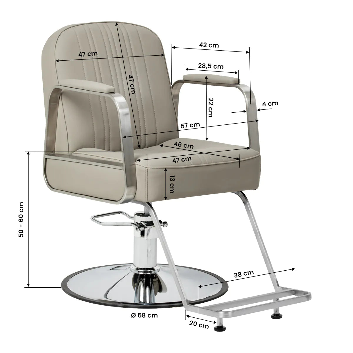 Gabbiano Acri Hair Salon Styling Chair Beige With Silver Base - close-up of the upholstery, frame and footrest details