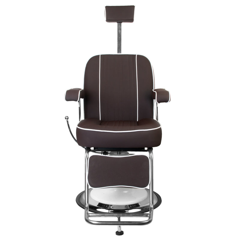 Gabbiano Amadeo Brown Barber Chair - reclined side view with the footrest extended