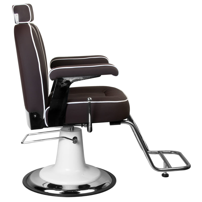 Gabbiano Amadeo Brown Barber Chair - close-up of the upholstery, frame and footrest details