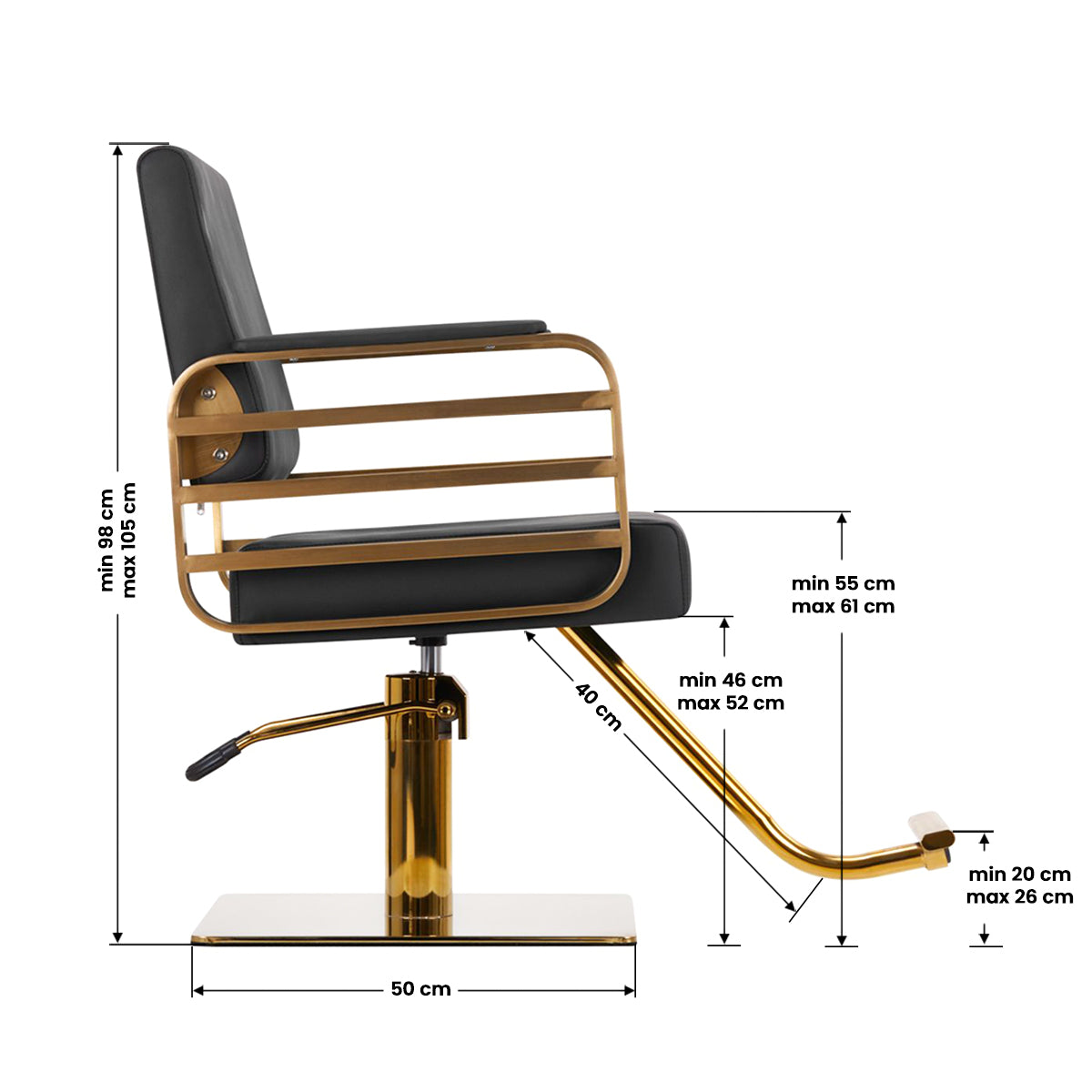 Gabbiano Avila Hair Salon Styling Chair Black & Gold - dimensions and measurements shown
