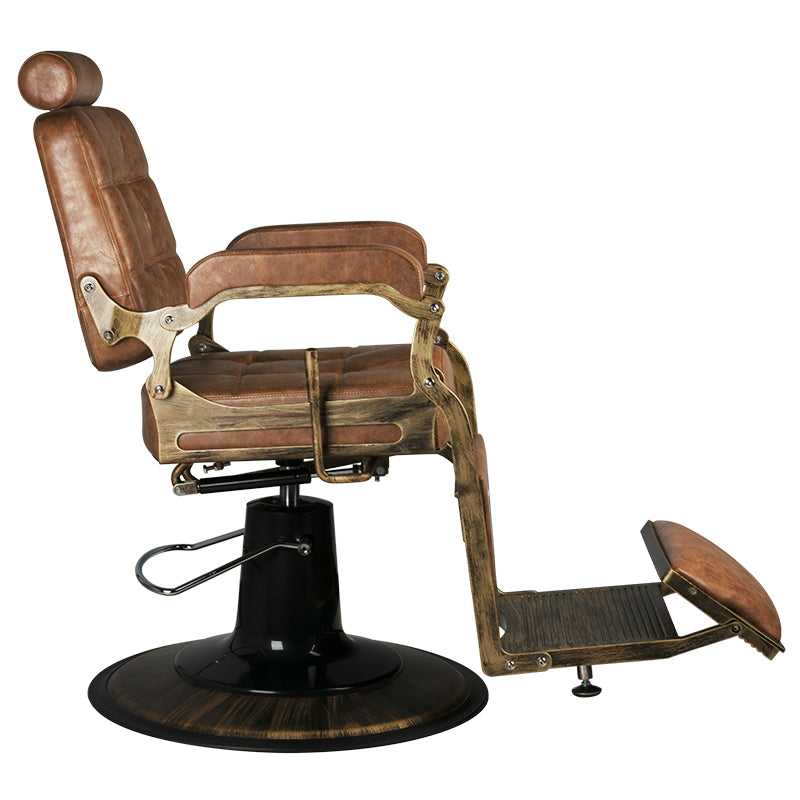 Gabbiano Barber Chair Boss Old Leather Light Brown - reclined side view with the footrest extended