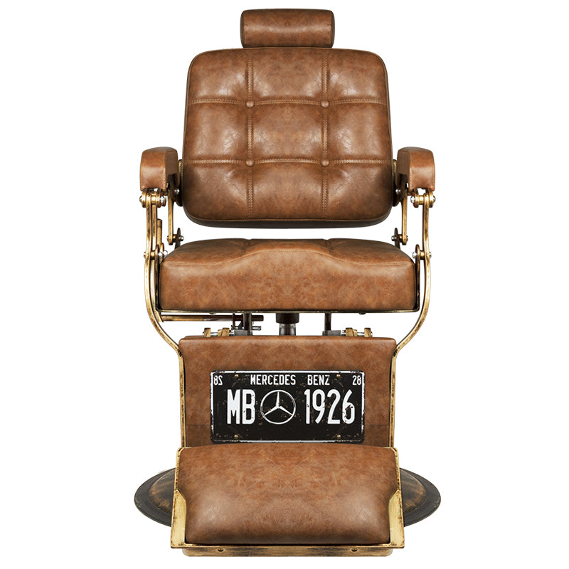 Gabbiano Barber Chair Boss Old Leather Light Brown - close-up of the upholstery, frame and footrest details