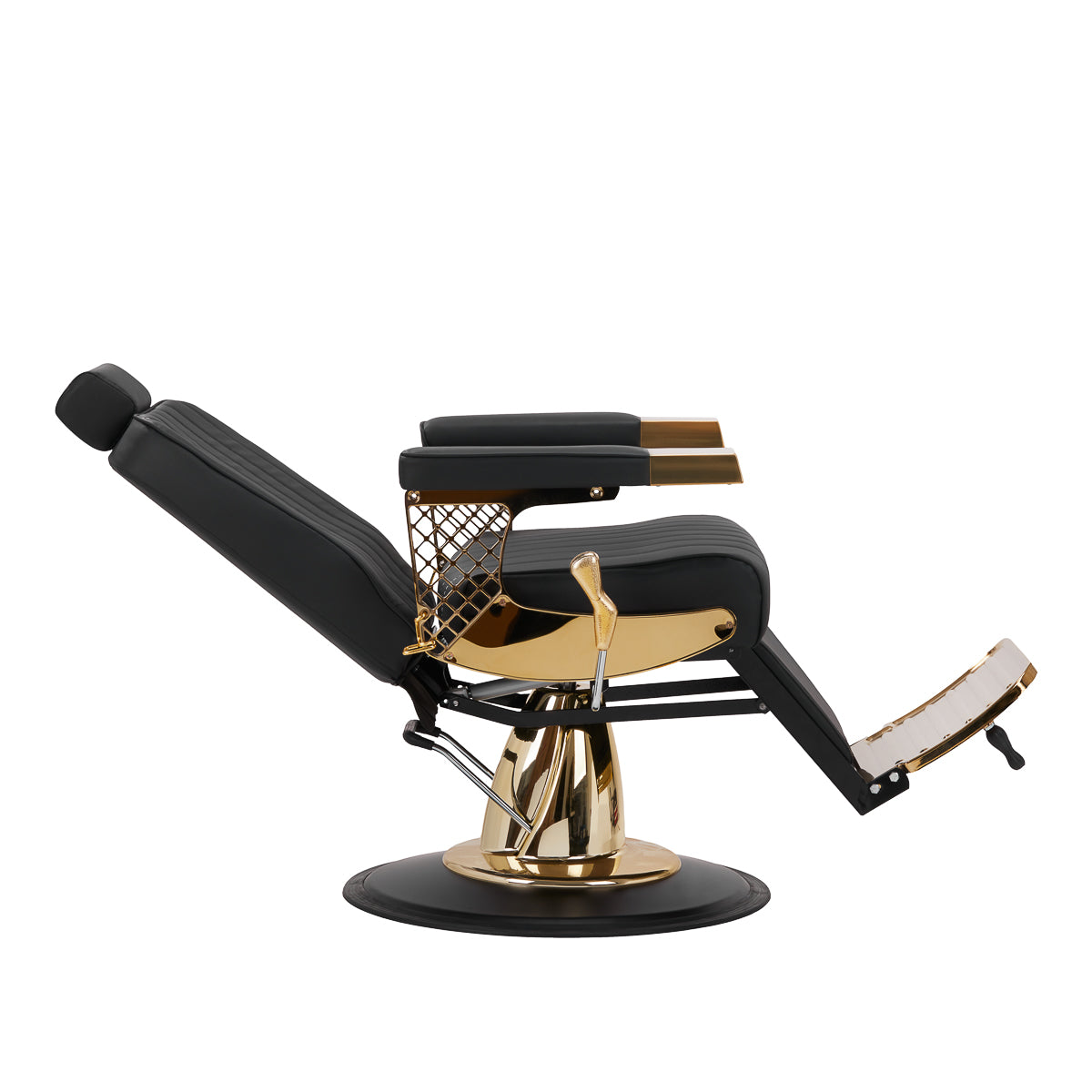 Gabbiano Barber Chair Marcus Gold - reclined side view with the footrest extended