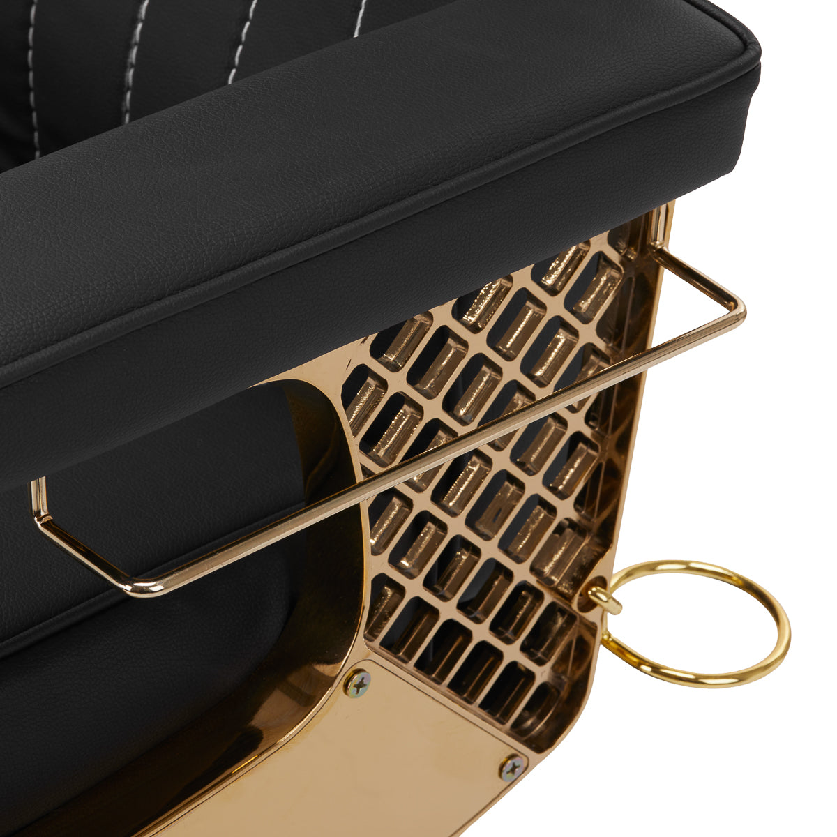 Gabbiano Barber Chair Marcus Gold - close-up of the upholstery, frame and footrest details