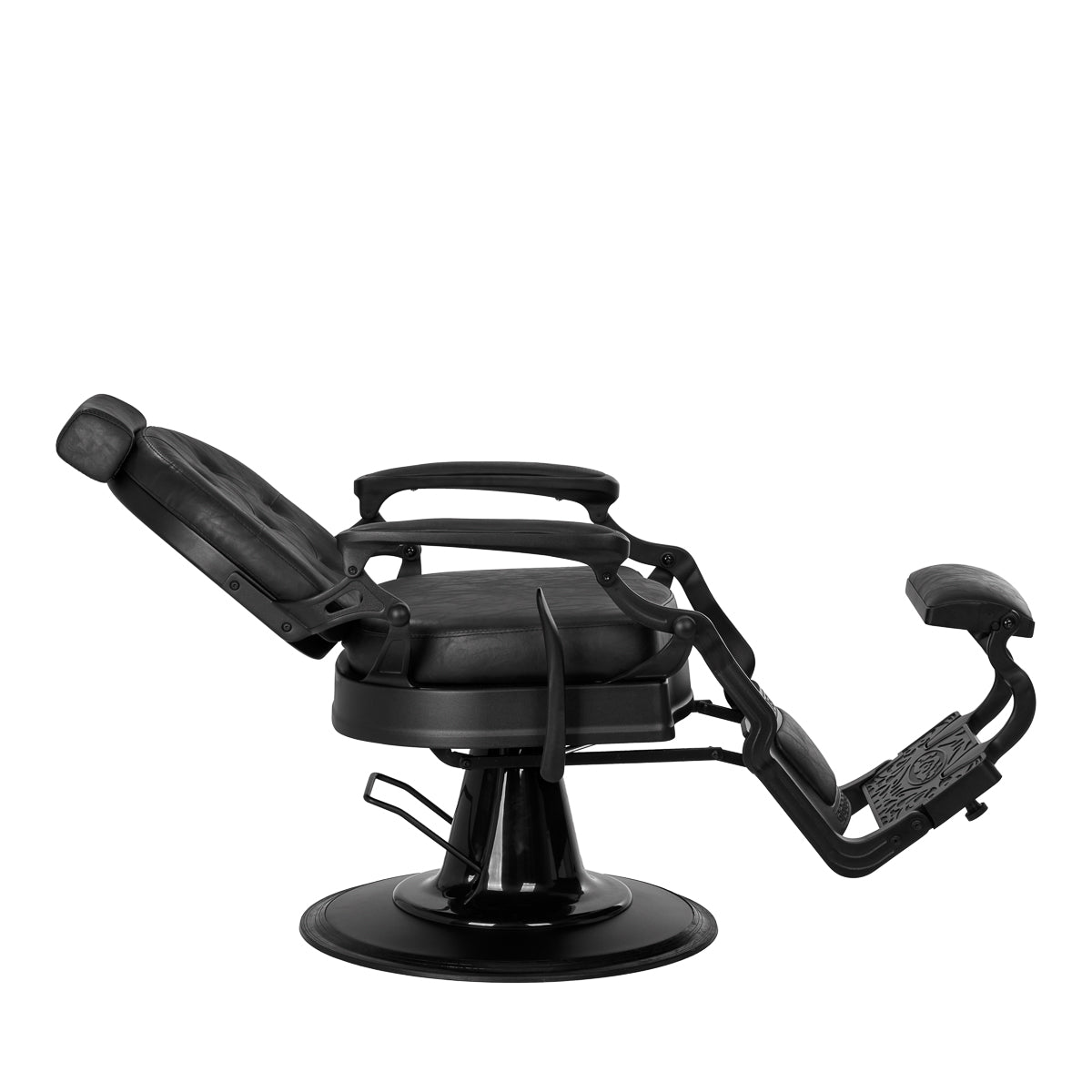 Gabbiano Barber Chair President Black - reclined side view with the footrest extended