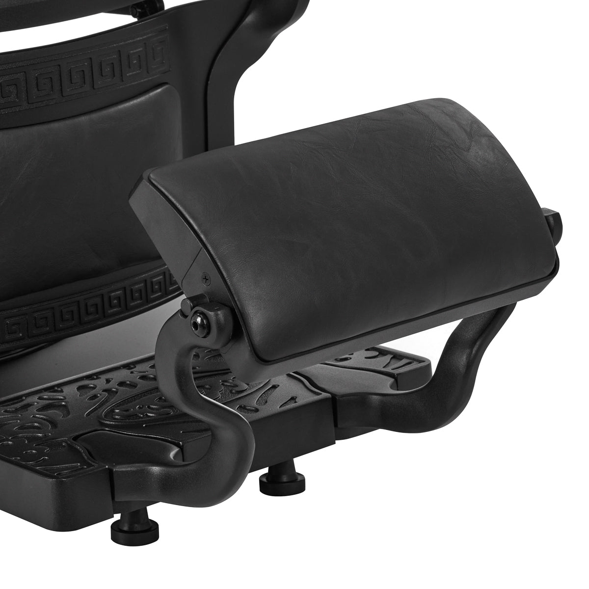 Gabbiano Barber Chair President Black - close-up of the upholstery, frame and footrest details