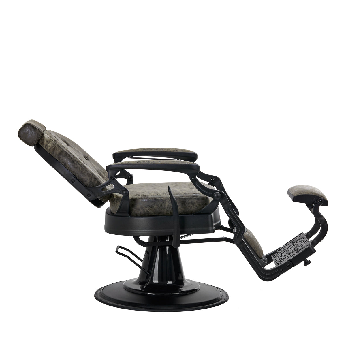 Gabbiano Barber Chair President Old Leather Green - reclined side view with the footrest extended