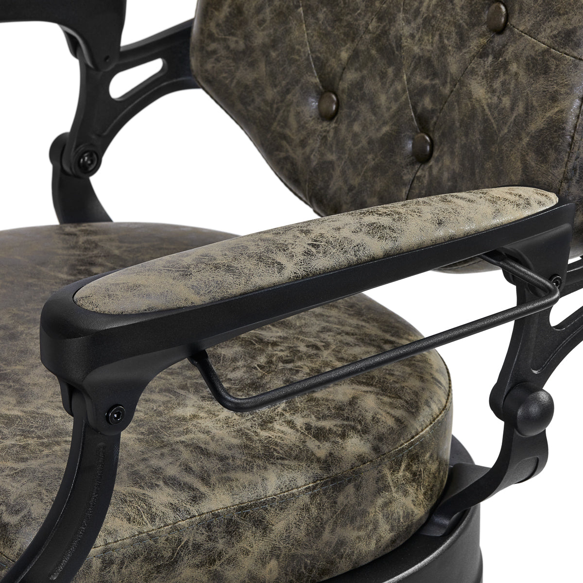 Gabbiano Barber Chair President Old Leather Green - close-up of the upholstery and construction details