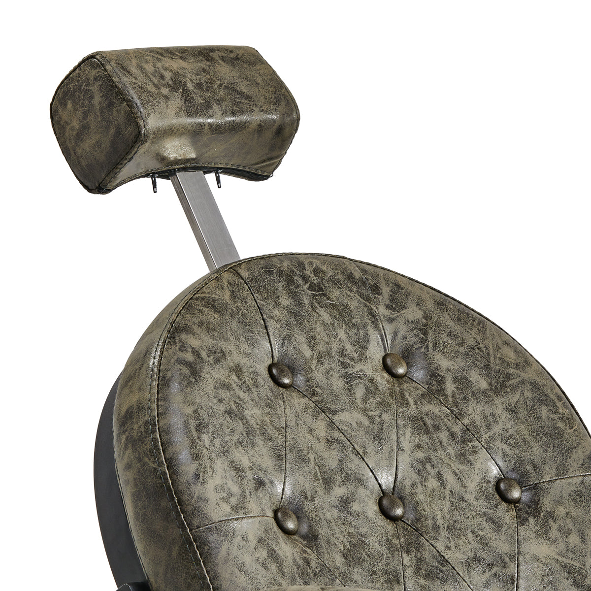 Gabbiano Barber Chair President Old Leather Green - close-up of the upholstery, frame and footrest details