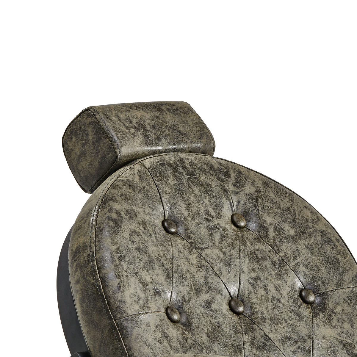 Gabbiano Barber Chair President Old Leather Green - close-up of the upholstery, frame and footrest details